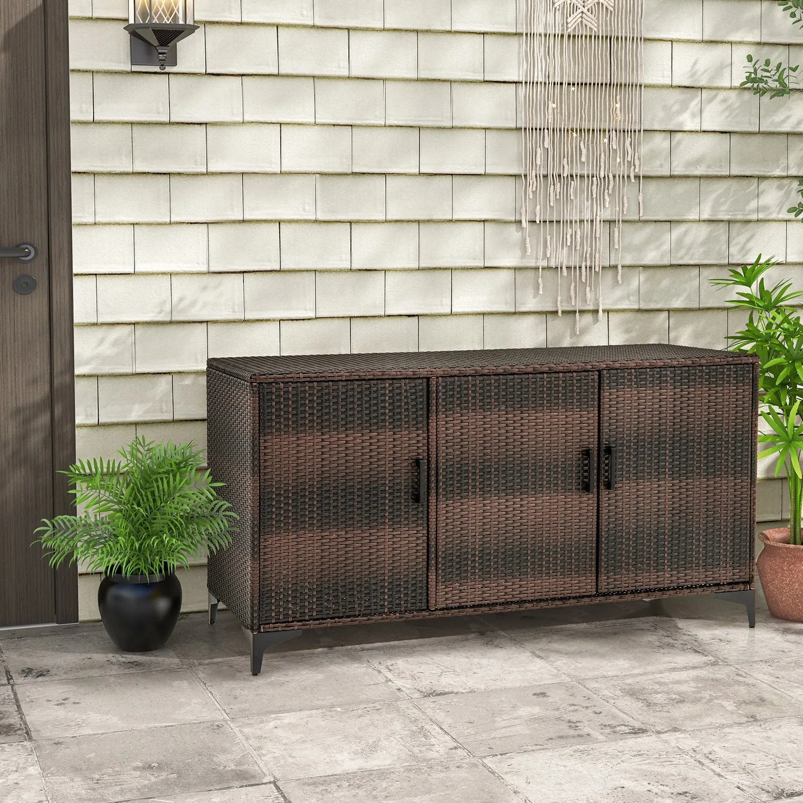318 L Patio Wicker Storage Cabinet Deck Box with Removable Shelves-Brown