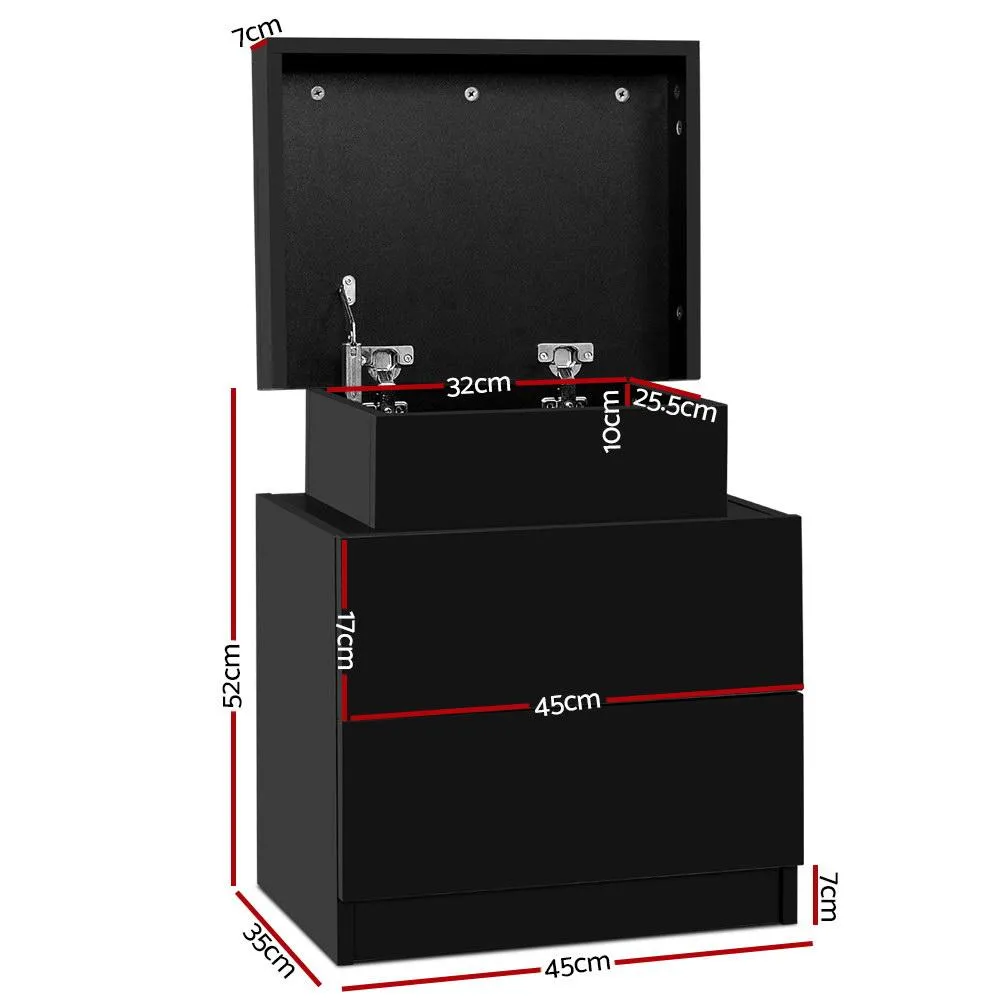 Bedside Table With 2 Drawers & Top Chest Black