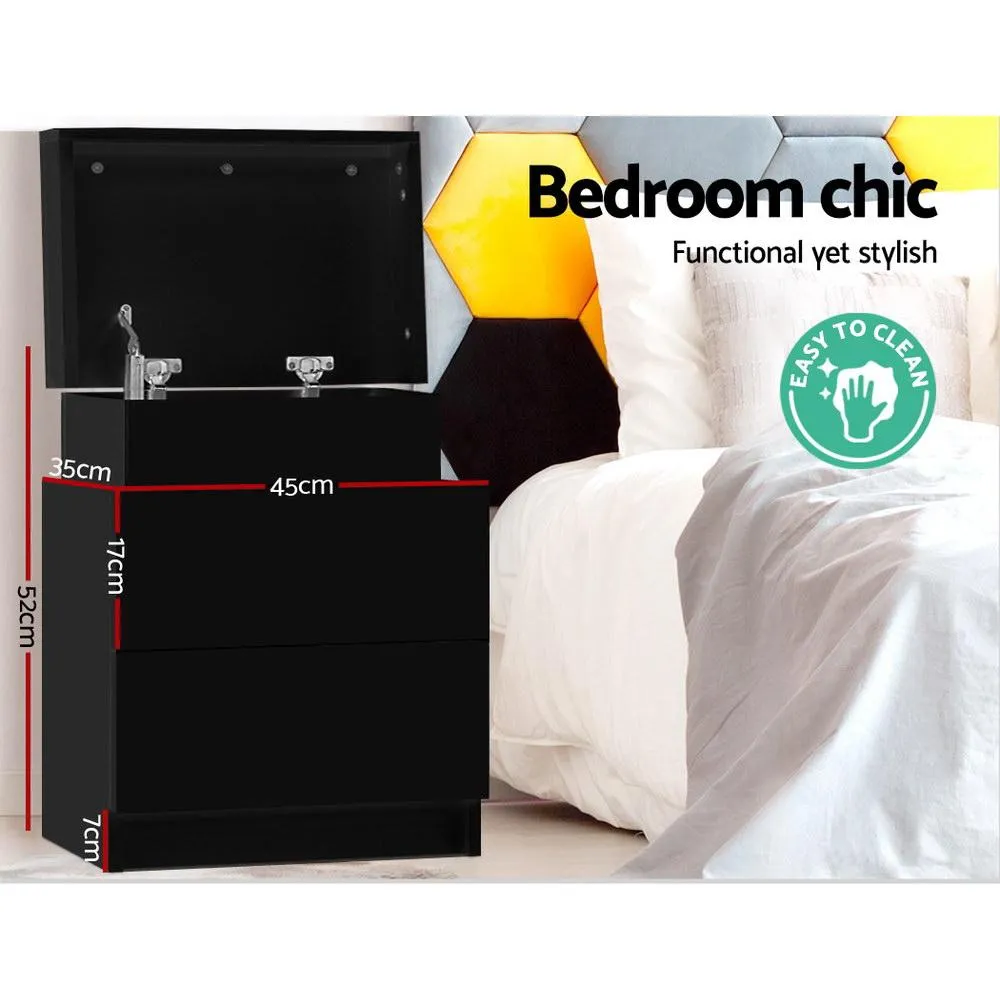 Bedside Table With 2 Drawers & Top Chest Black
