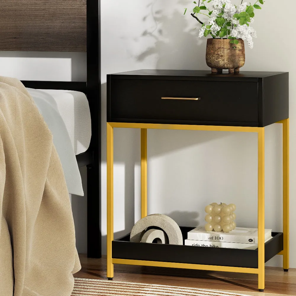 Bedside Table With Top Drawer & Bottom Tray - Black With Gold Trim