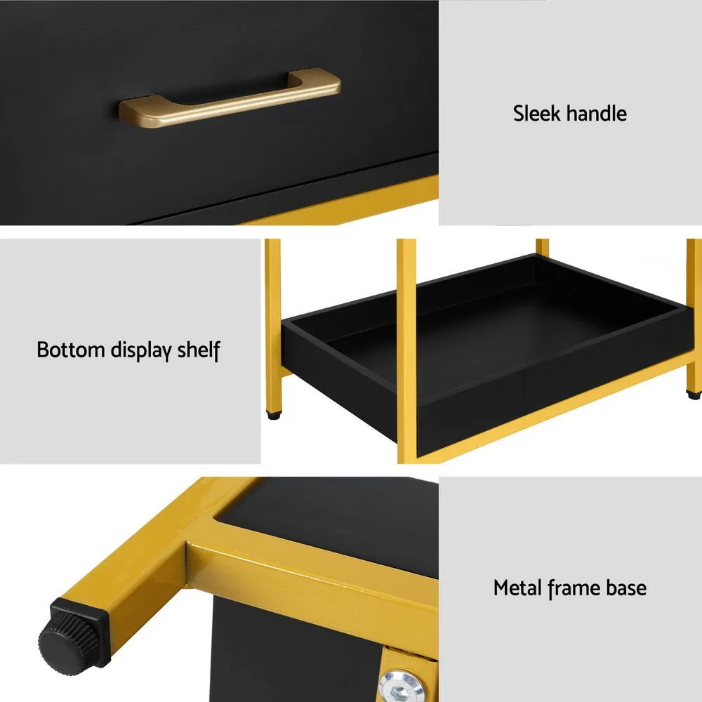 Bedside Table With Top Drawer & Bottom Tray - Black With Gold Trim