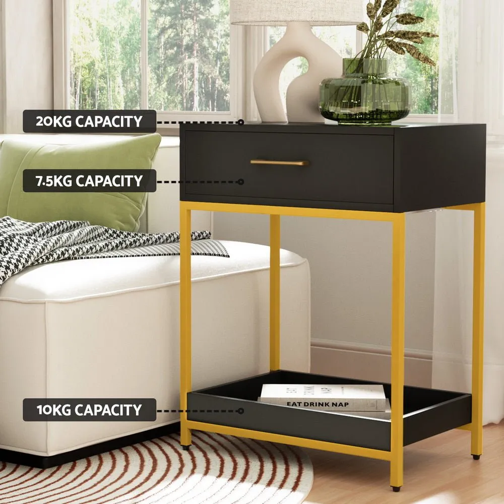 Bedside Table With Top Drawer & Bottom Tray - Black With Gold Trim