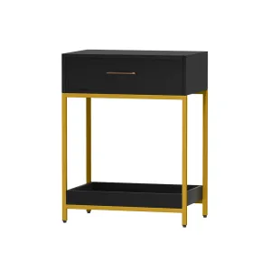 Bedside Table With Top Drawer & Bottom Tray - Black With Gold Trim