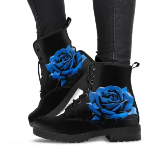 Black Combat Boots - Elegant Blue Roses | Women's Black Hipster Boots, Custom Shoes, Vegan Leather Lace Up Boots