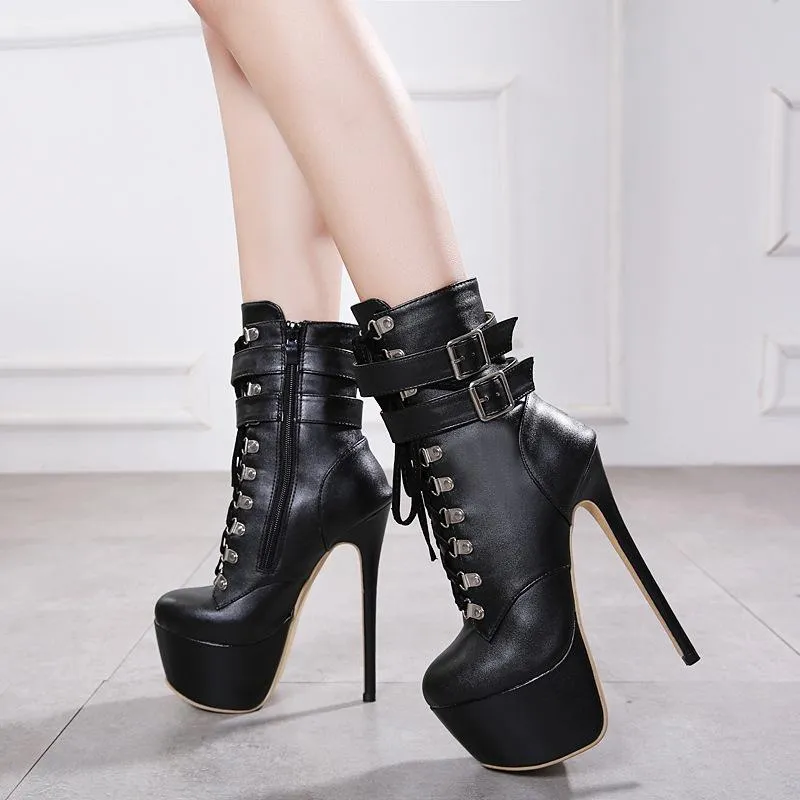 Black Platform PU Strap High Heel Buckle Calf Boots