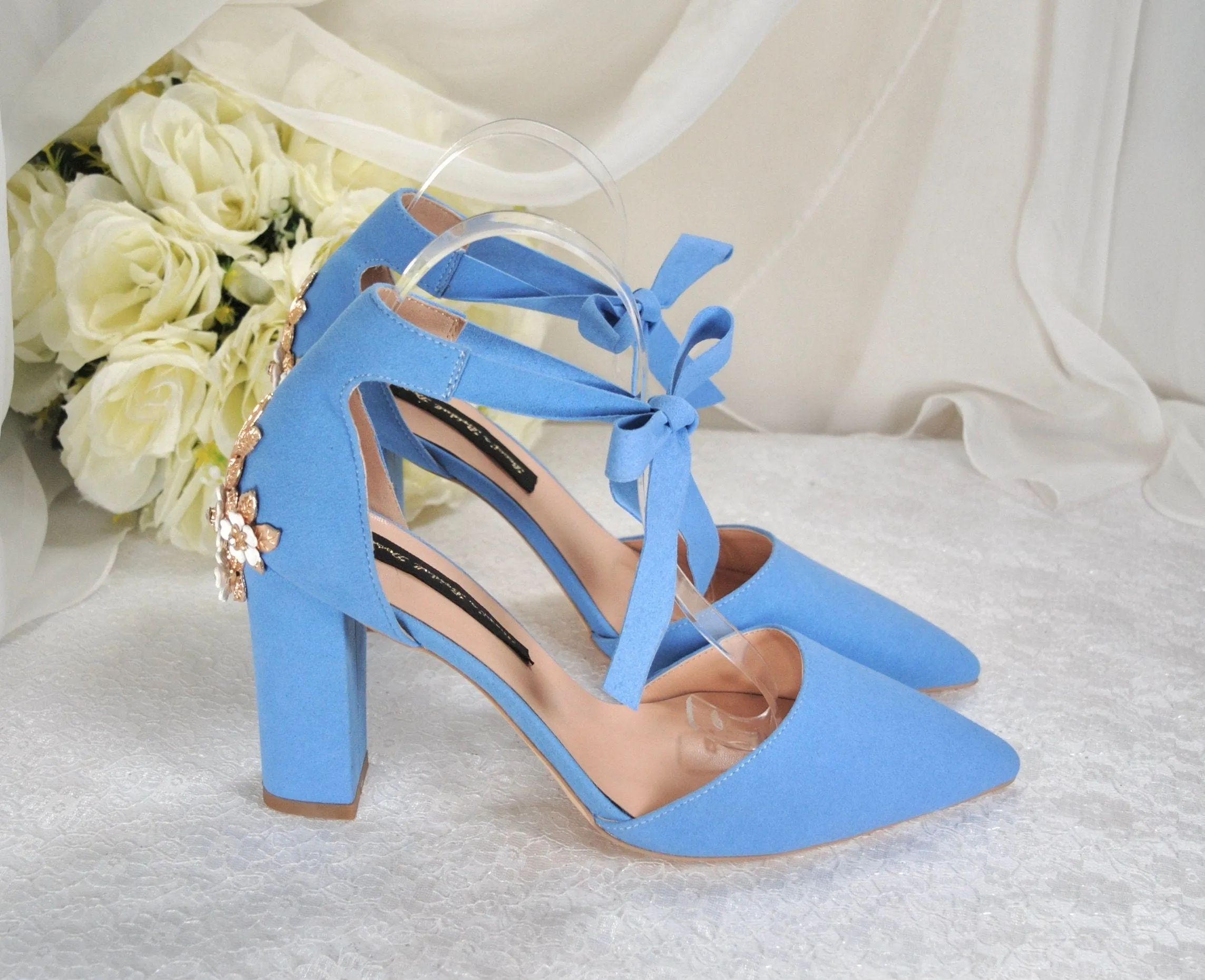 Blue Suede Block Heels with Cherry Blossom