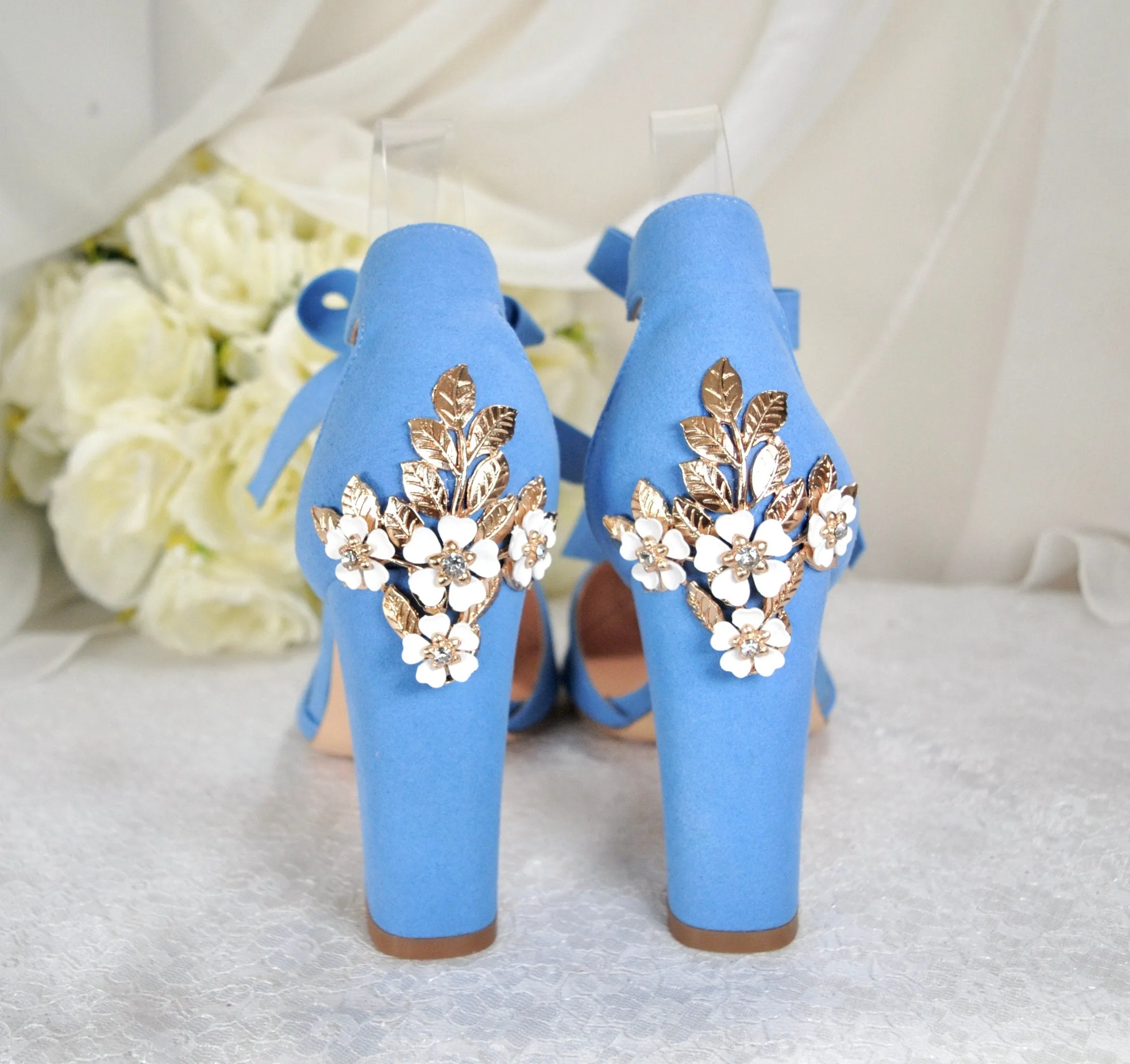 Blue Suede Block Heels with Cherry Blossom