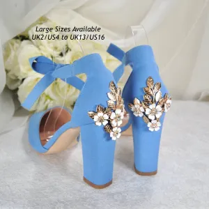 Blue Suede Block Heels with Cherry Blossom