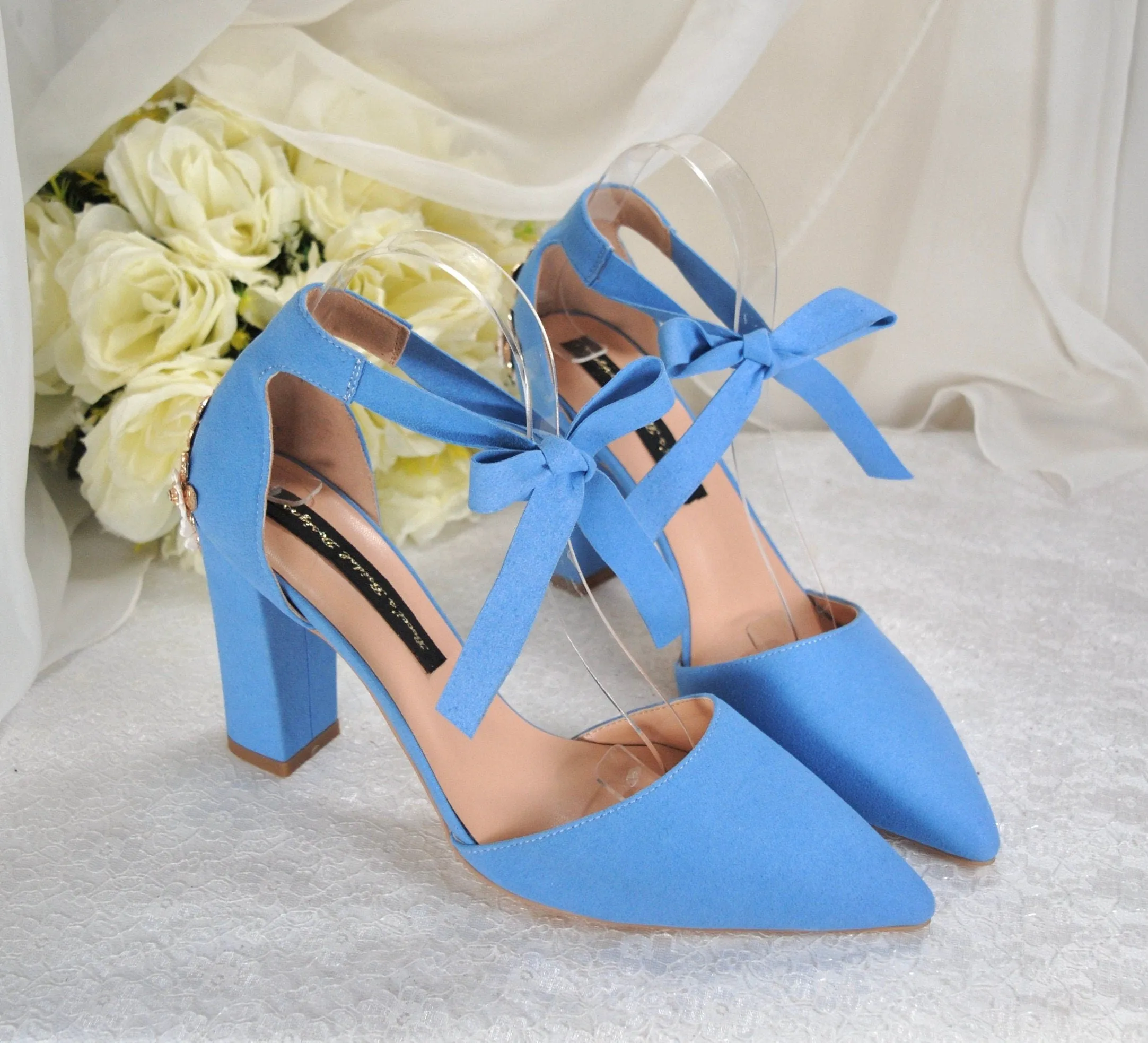Blue Suede Block Heels with Cherry Blossom