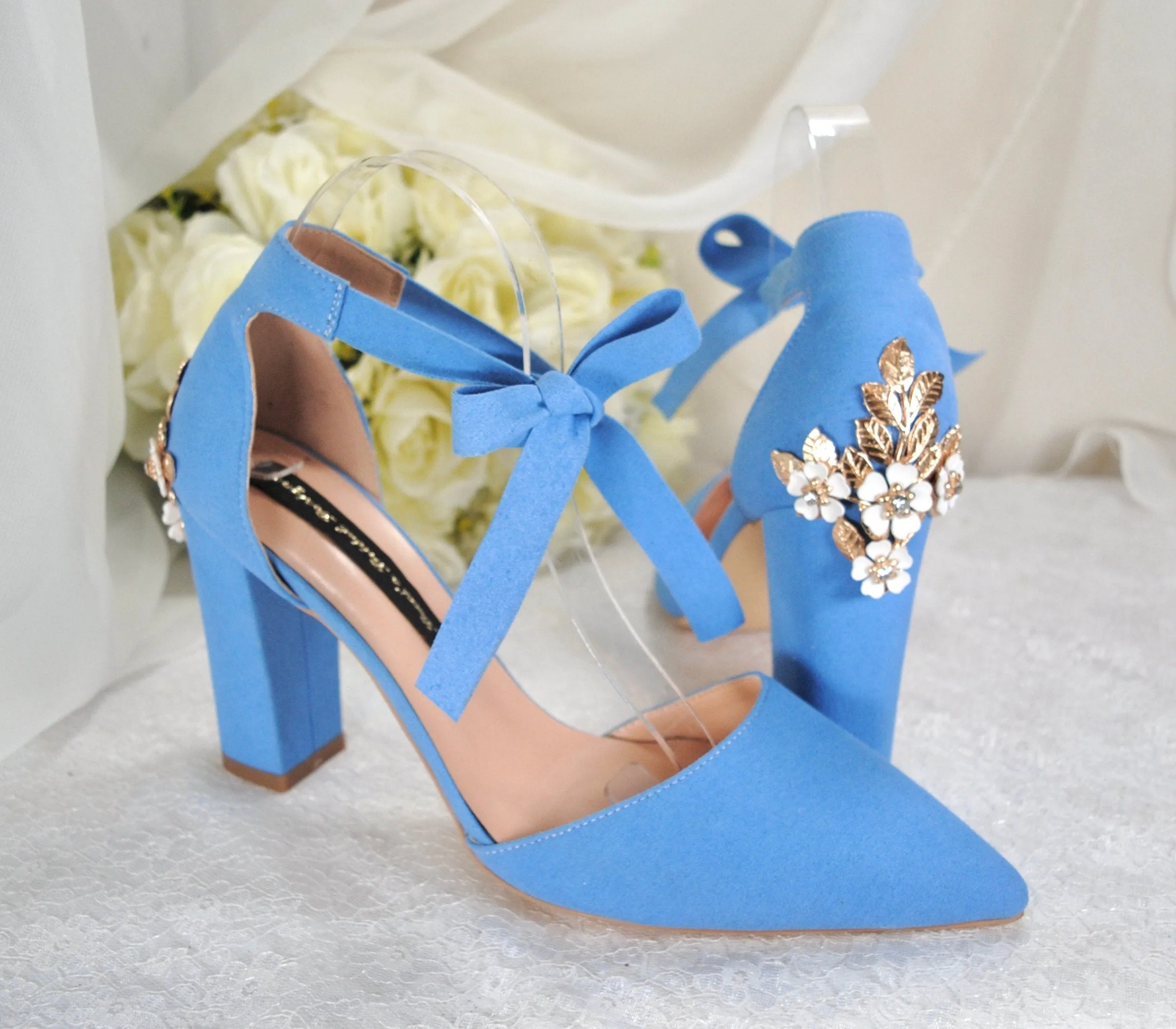 Blue Suede Block Heels with Cherry Blossom