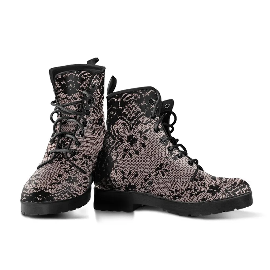 Combat Boots - Black Lace Print Design | Boho Shoes, Vegan Leather Custom Shoes