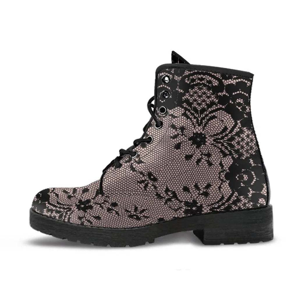 Combat Boots - Black Lace Print Design | Boho Shoes, Vegan Leather Custom Shoes