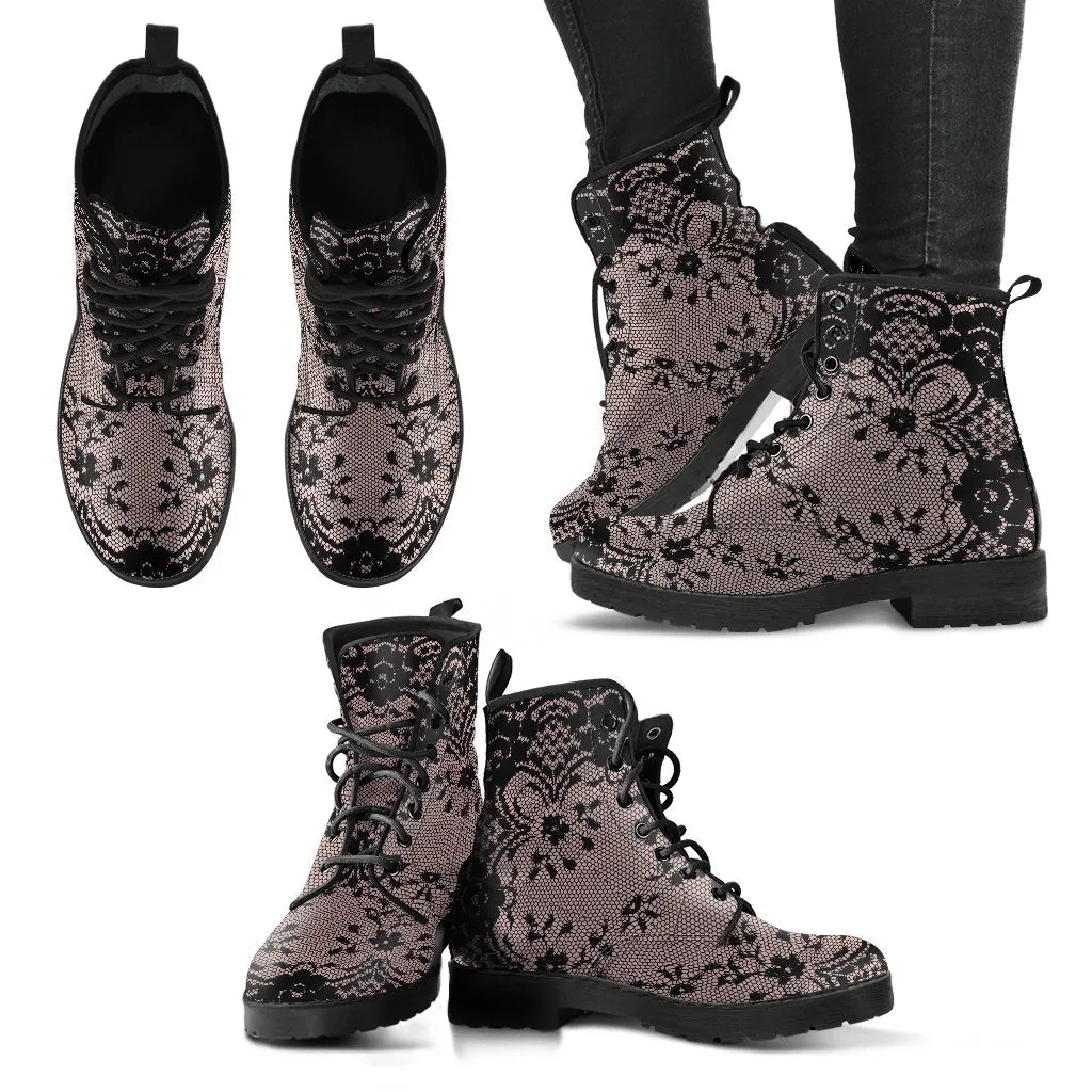 Combat Boots - Black Lace Print Design | Boho Shoes, Vegan Leather Custom Shoes