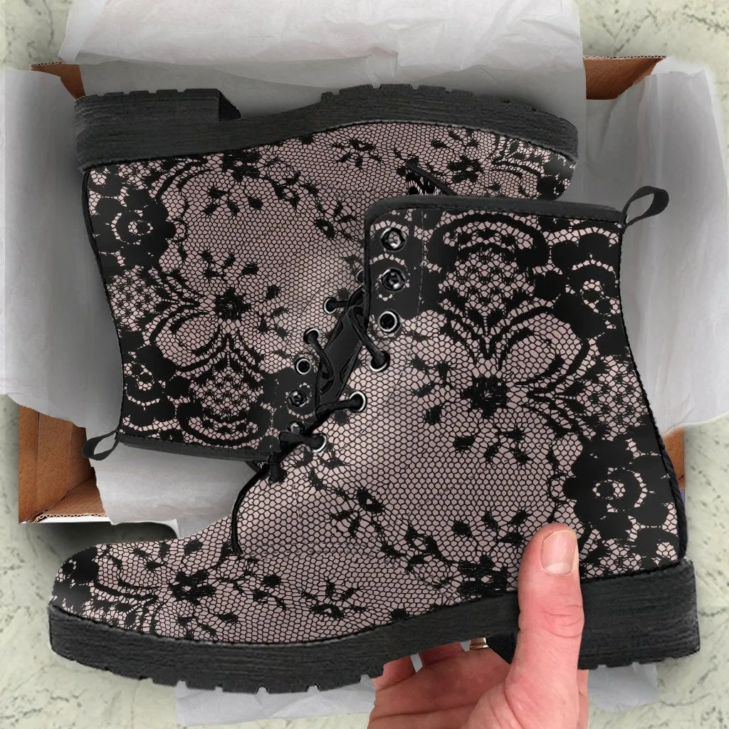Combat Boots - Black Lace Print Design | Boho Shoes, Vegan Leather Custom Shoes