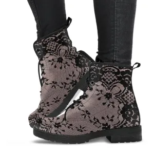 Combat Boots - Black Lace Print Design | Boho Shoes, Vegan Leather Custom Shoes