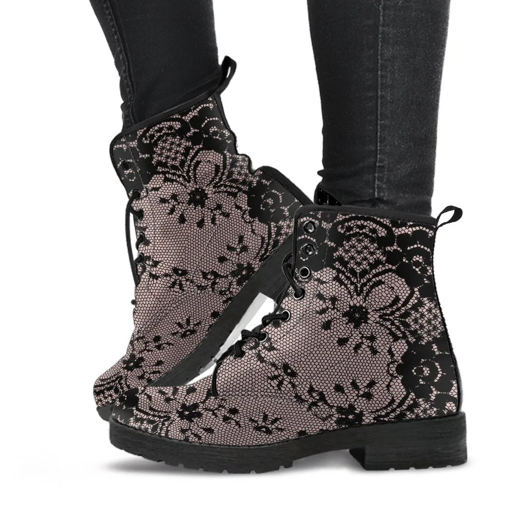 Combat Boots - Black Lace Print Design | Boho Shoes, Vegan Leather Custom Shoes