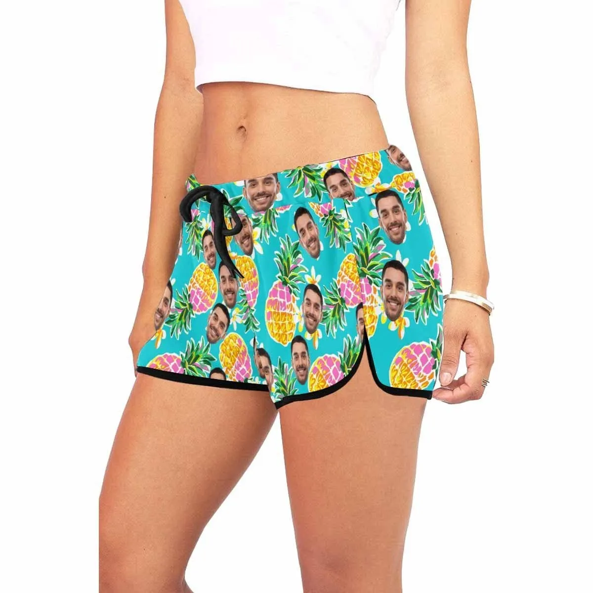Custom Husband Face Blue Pineapple Beach Board Shorts Swim Trunks Personalized Women's Casual Yoga Shorts
