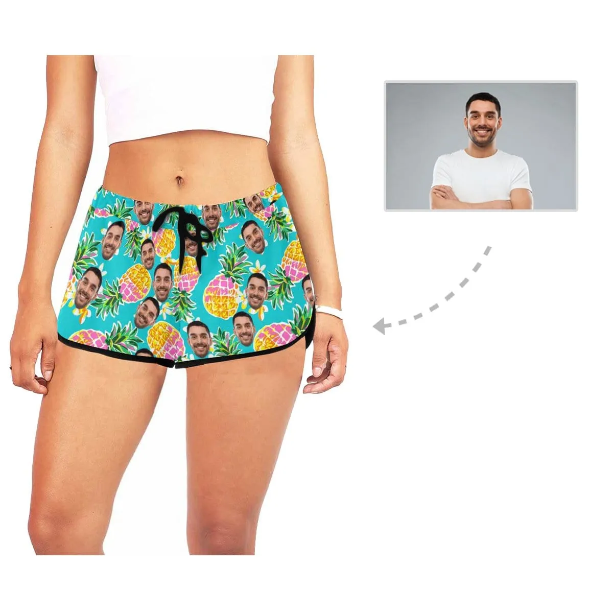 Custom Husband Face Blue Pineapple Beach Board Shorts Swim Trunks Personalized Women's Casual Yoga Shorts