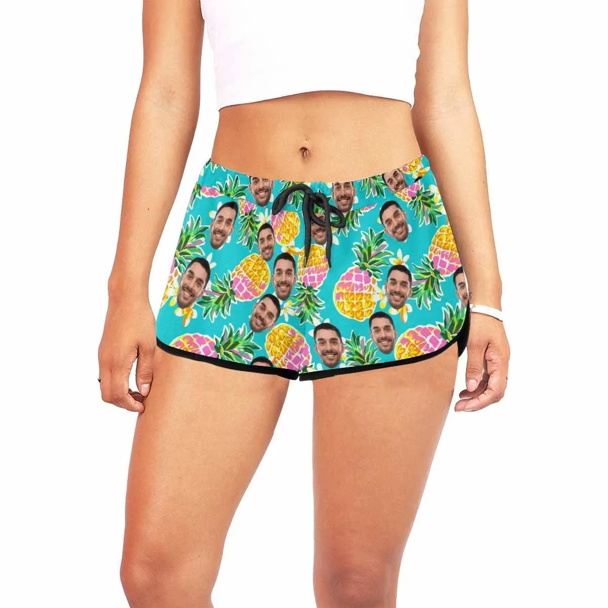 Custom Husband Face Blue Pineapple Beach Board Shorts Swim Trunks Personalized Women's Casual Yoga Shorts