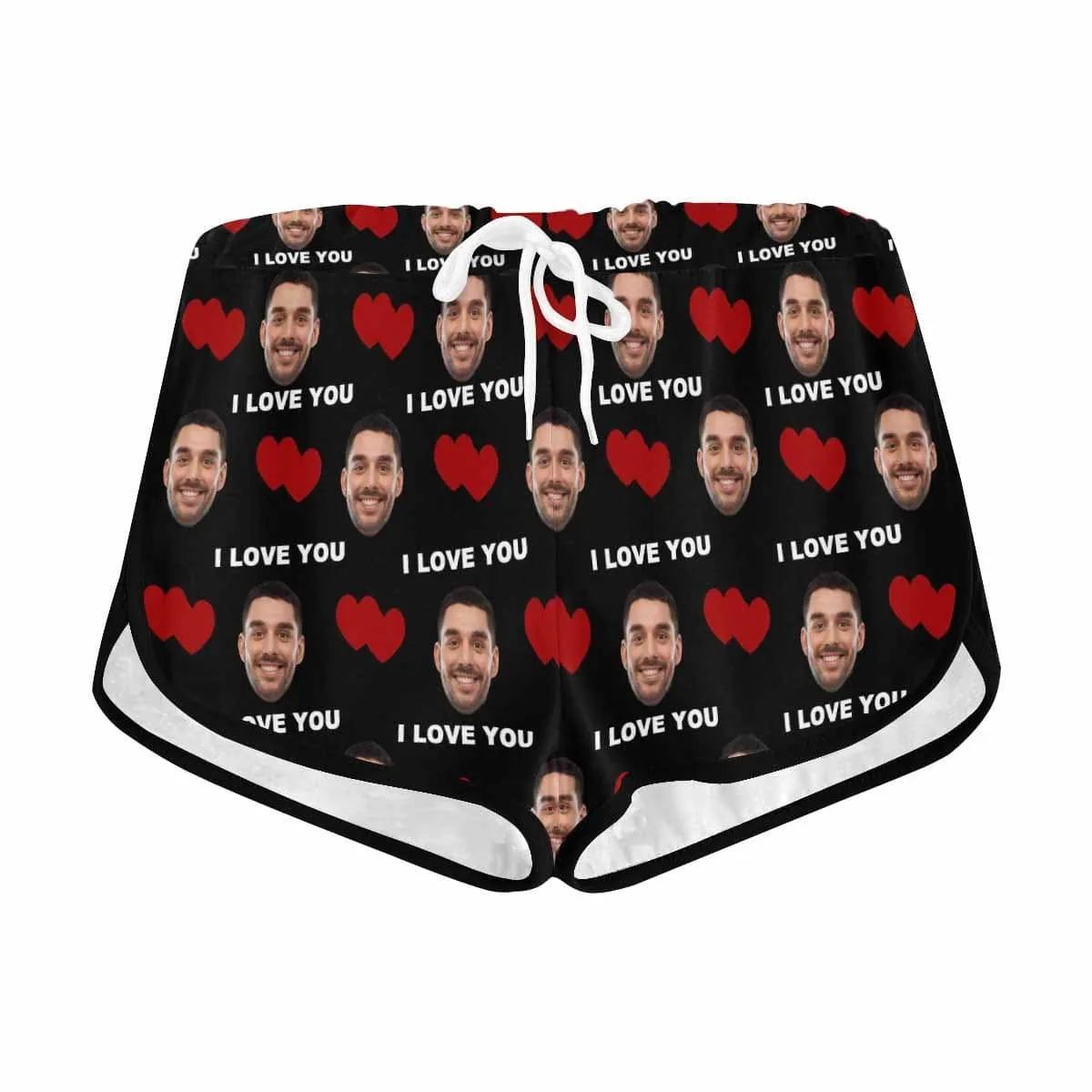 Custom Husband Face I Love You Red Heart Black Background Board Shorts Swim Trunks Personalized Women's Casual Yoga Shorts