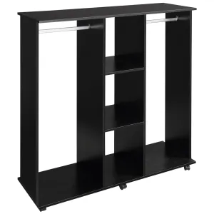 Double Open Wardrobe on Wheels Bedroom Wardrobe with Clothes Hanging Rails 3 Storage Shelves Mobile Garment Rack for Cloakroom Hallway Black