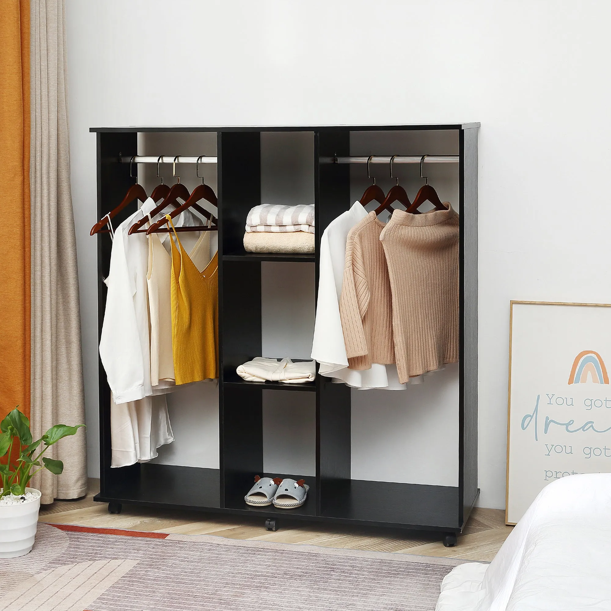 Double Open Wardrobe on Wheels Bedroom Wardrobe with Clothes Hanging Rails 3 Storage Shelves Mobile Garment Rack for Cloakroom Hallway Black
