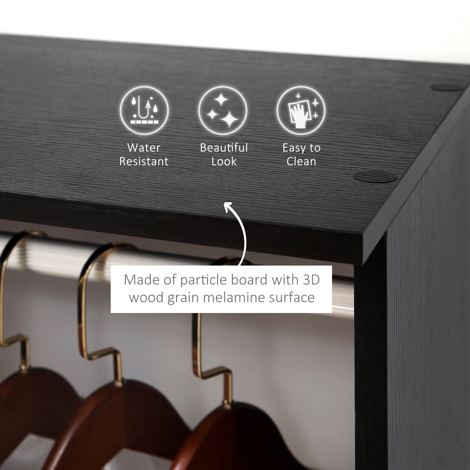 Double Open Wardrobe on Wheels Bedroom Wardrobe with Clothes Hanging Rails 3 Storage Shelves Mobile Garment Rack for Cloakroom Hallway Black