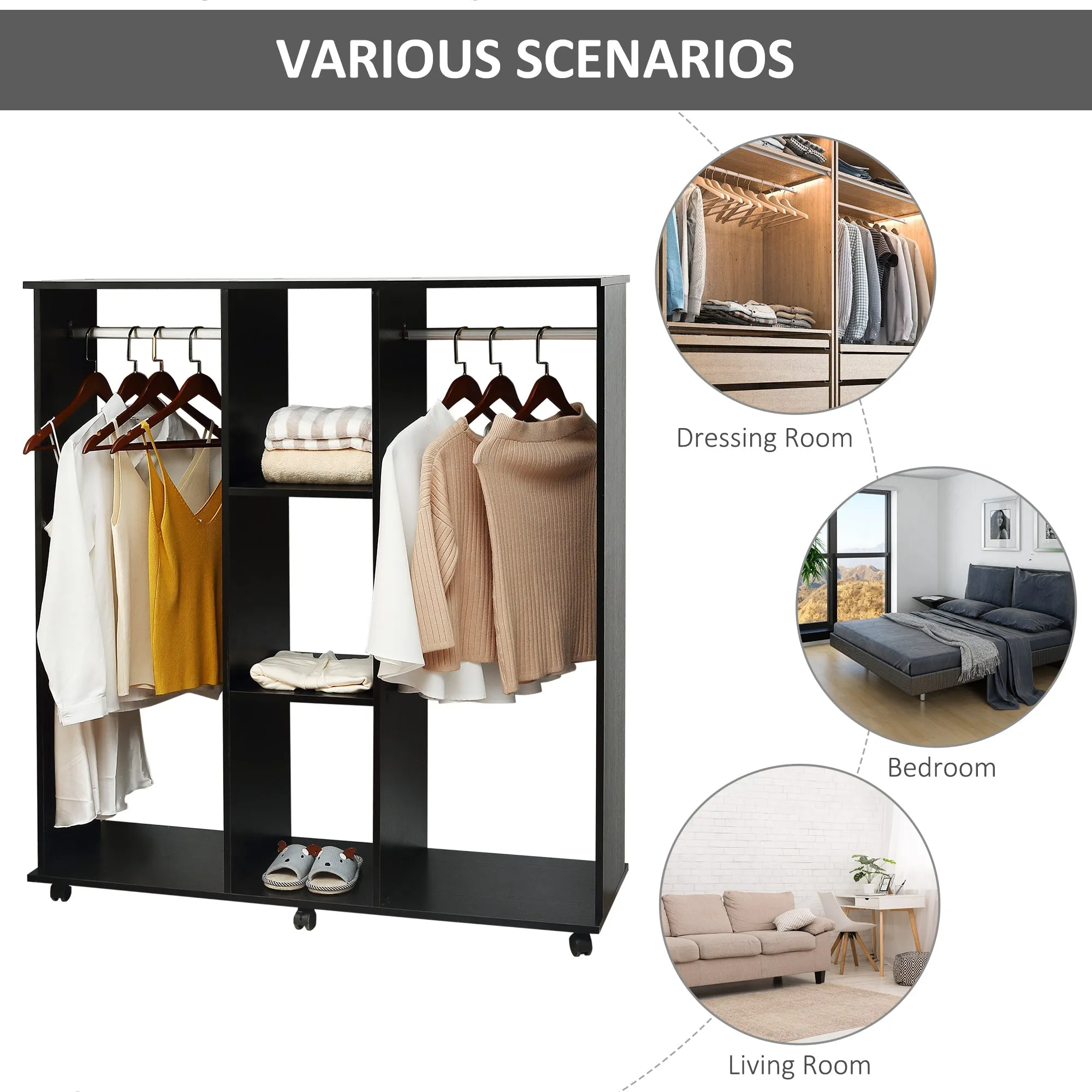 Double Open Wardrobe on Wheels Bedroom Wardrobe with Clothes Hanging Rails 3 Storage Shelves Mobile Garment Rack for Cloakroom Hallway Black