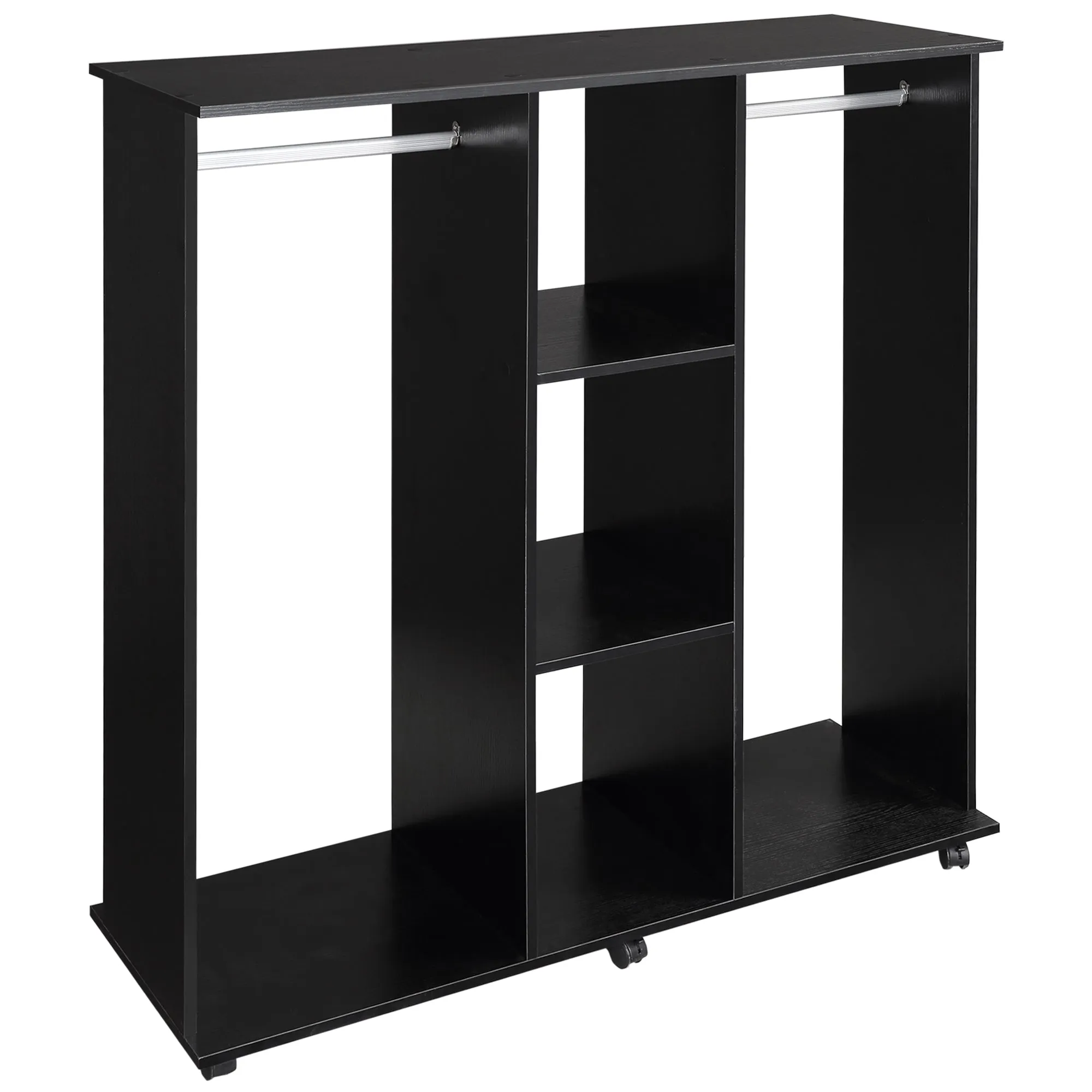 Double Open Wardrobe on Wheels Bedroom Wardrobe with Clothes Hanging Rails 3 Storage Shelves Mobile Garment Rack for Cloakroom Hallway Black