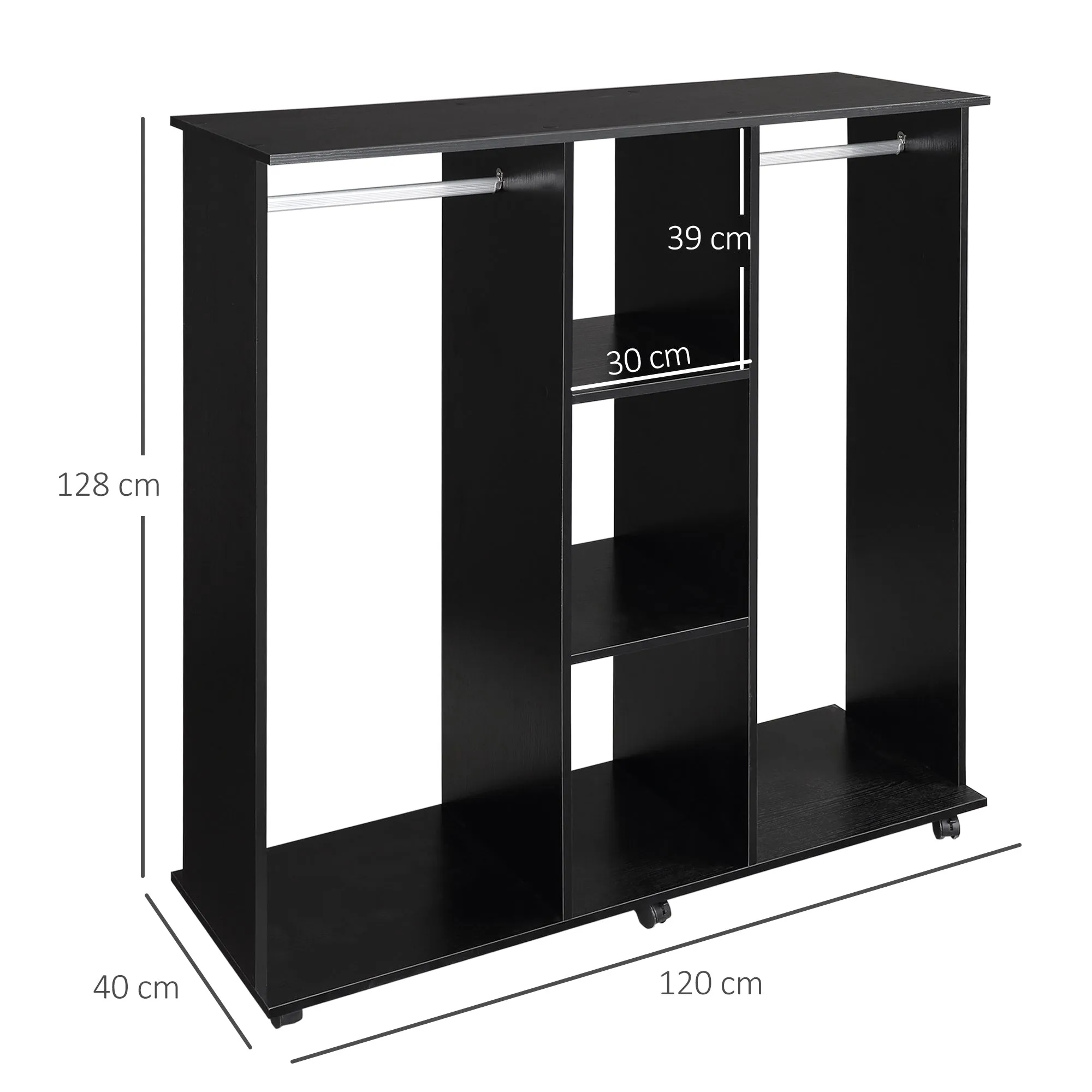 Double Open Wardrobe on Wheels Bedroom Wardrobe with Clothes Hanging Rails 3 Storage Shelves Mobile Garment Rack for Cloakroom Hallway Black