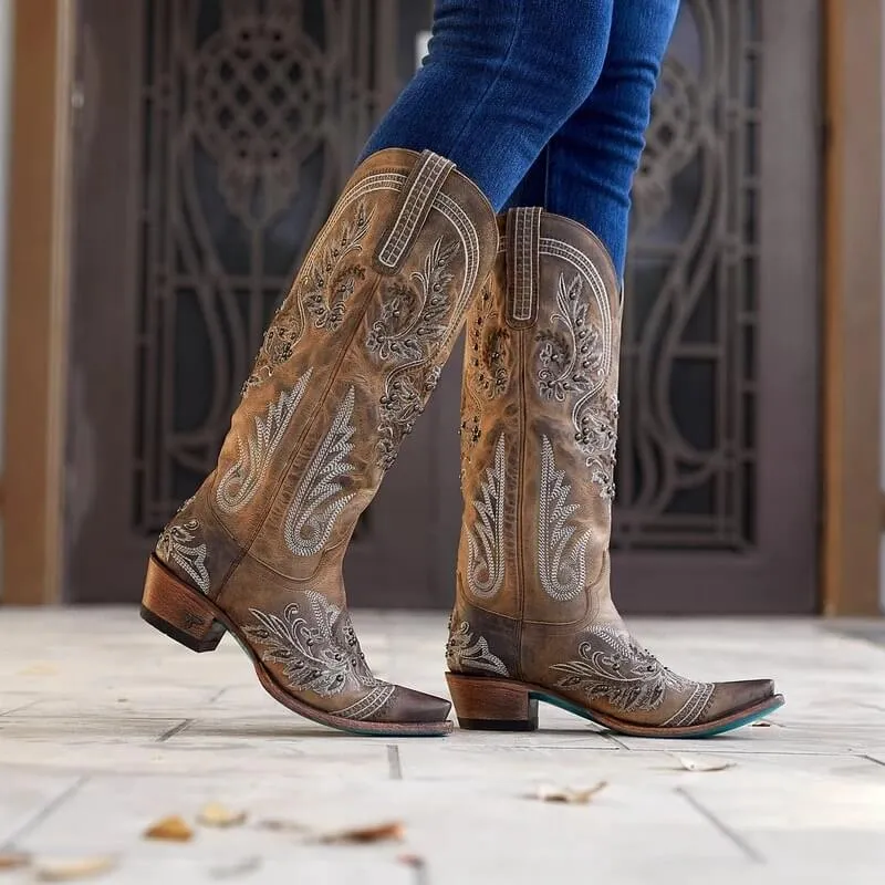Fashion Rhinestone Round Toe Low Heel Knight Boots