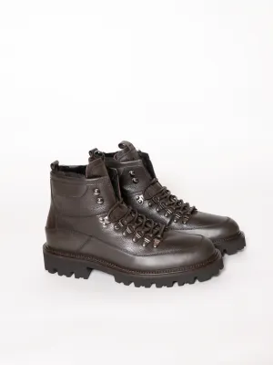 GRAINED-LEATHER LACE-UP BOOTS Brun