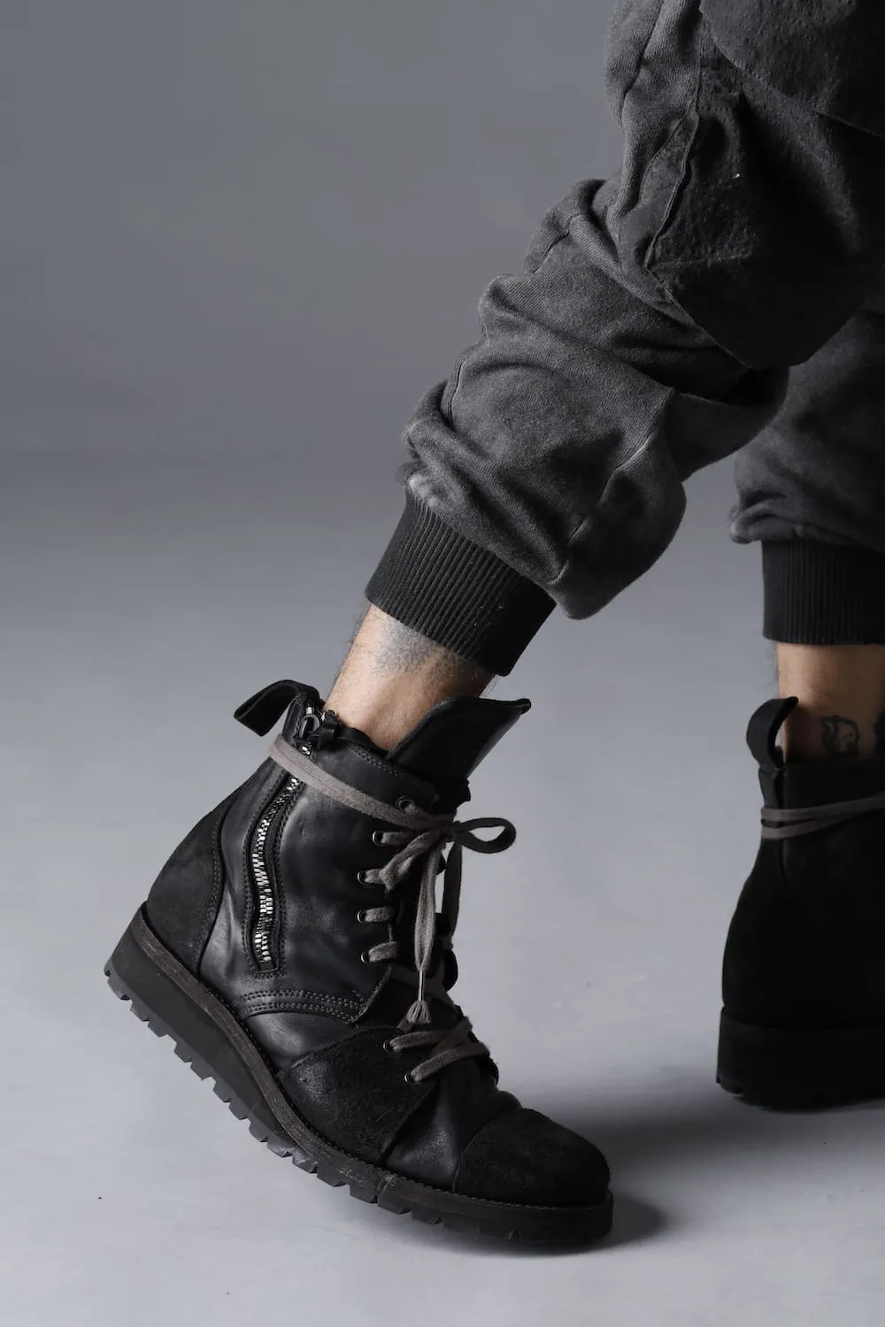 Horse Leather Lace-Up Sneaker Boots   Black