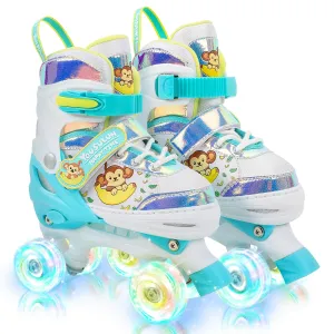 Kids Roller Skates with Light up Wheels 4 Sizes Adjustable Fun Illuminating Roller Skates for Toddler Kids Beginners Outdoor Skating with Hard-Shell Ankle Support (Blue, Large-(4Y-7Y))