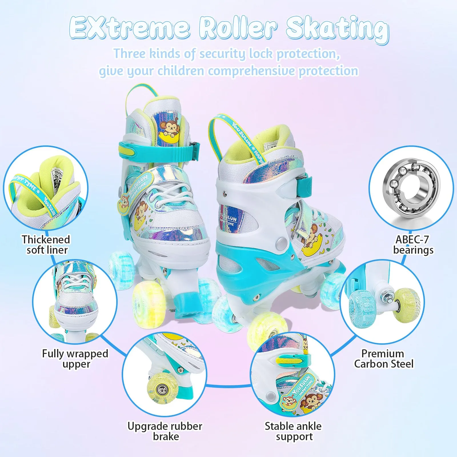 Kids Roller Skates with Light up Wheels 4 Sizes Adjustable Fun Illuminating Roller Skates for Toddler Kids Beginners Outdoor Skating with Hard-Shell Ankle Support (Blue, Large-(4Y-7Y))