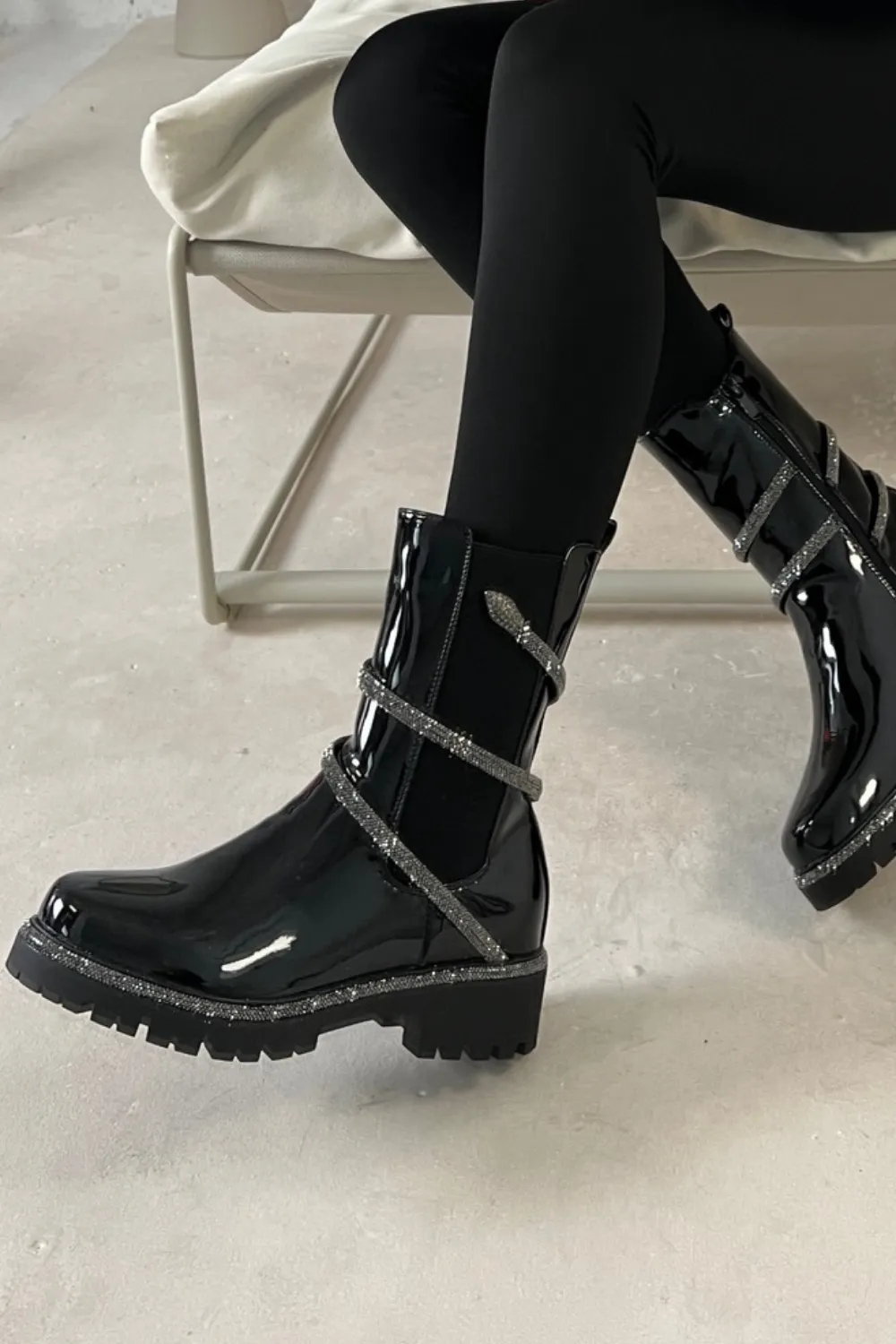 Kirsty black patent leather diamante snake chelsea boots