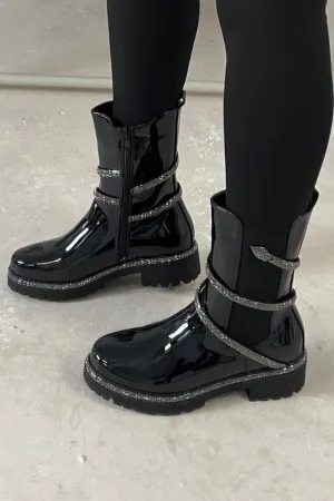 Kirsty black patent leather diamante snake chelsea boots