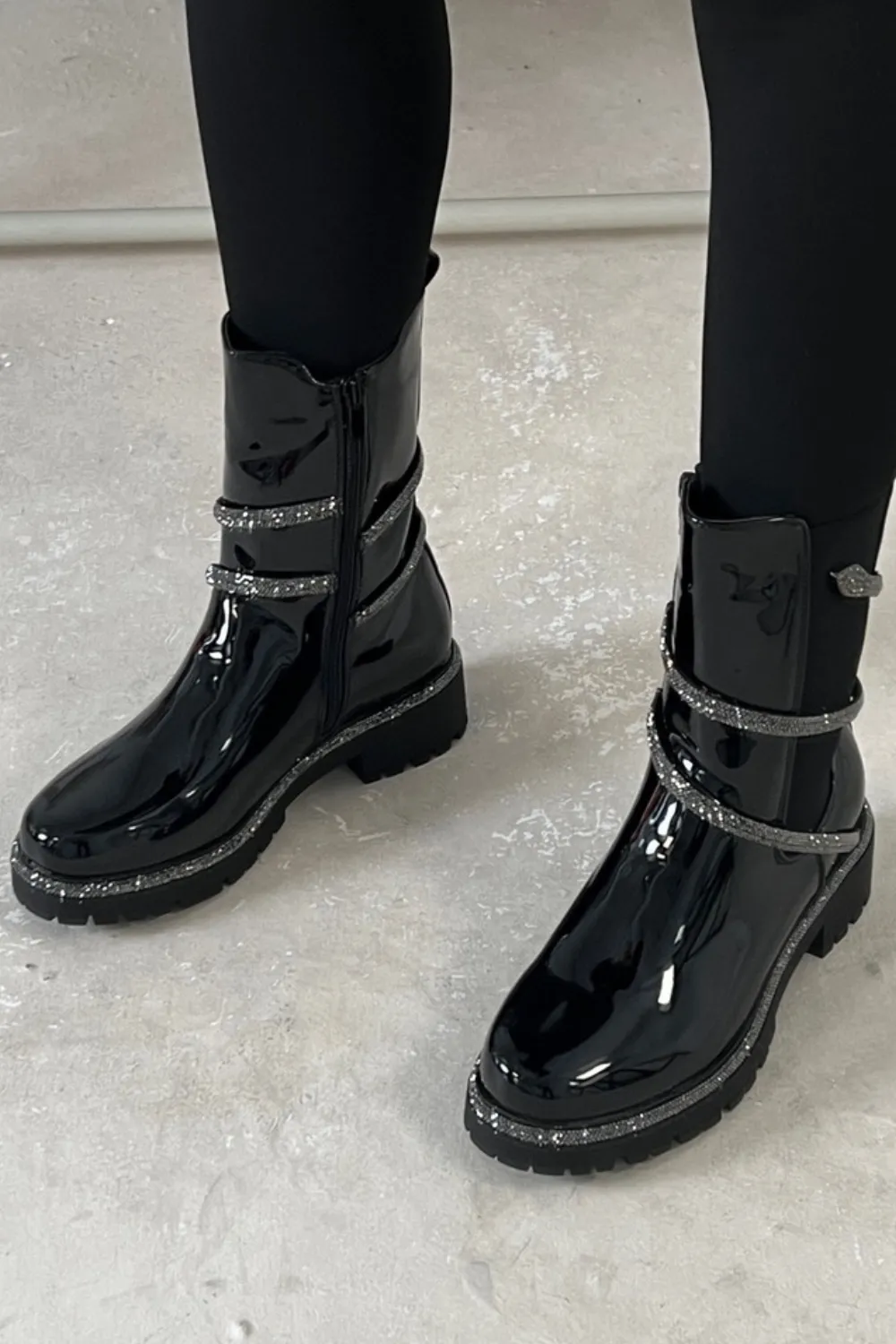 Kirsty black patent leather diamante snake chelsea boots
