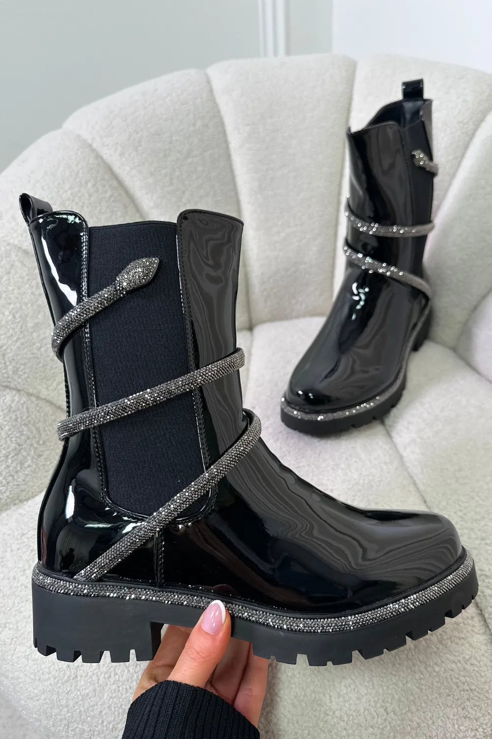 Kirsty black patent leather diamante snake chelsea boots