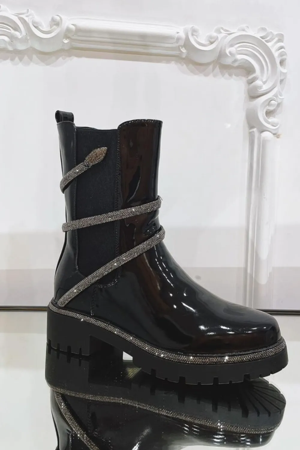 Kirsty black patent leather diamante snake chelsea boots
