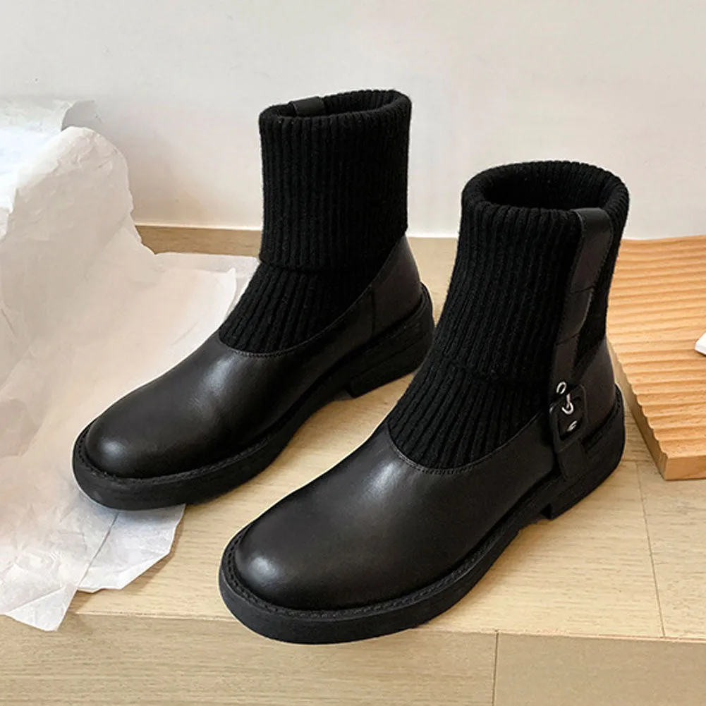 Ladies Round Toe Low Heel Leather Ankle Boots Pull On