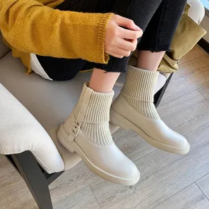 Ladies Round Toe Low Heel Leather Ankle Boots Pull On