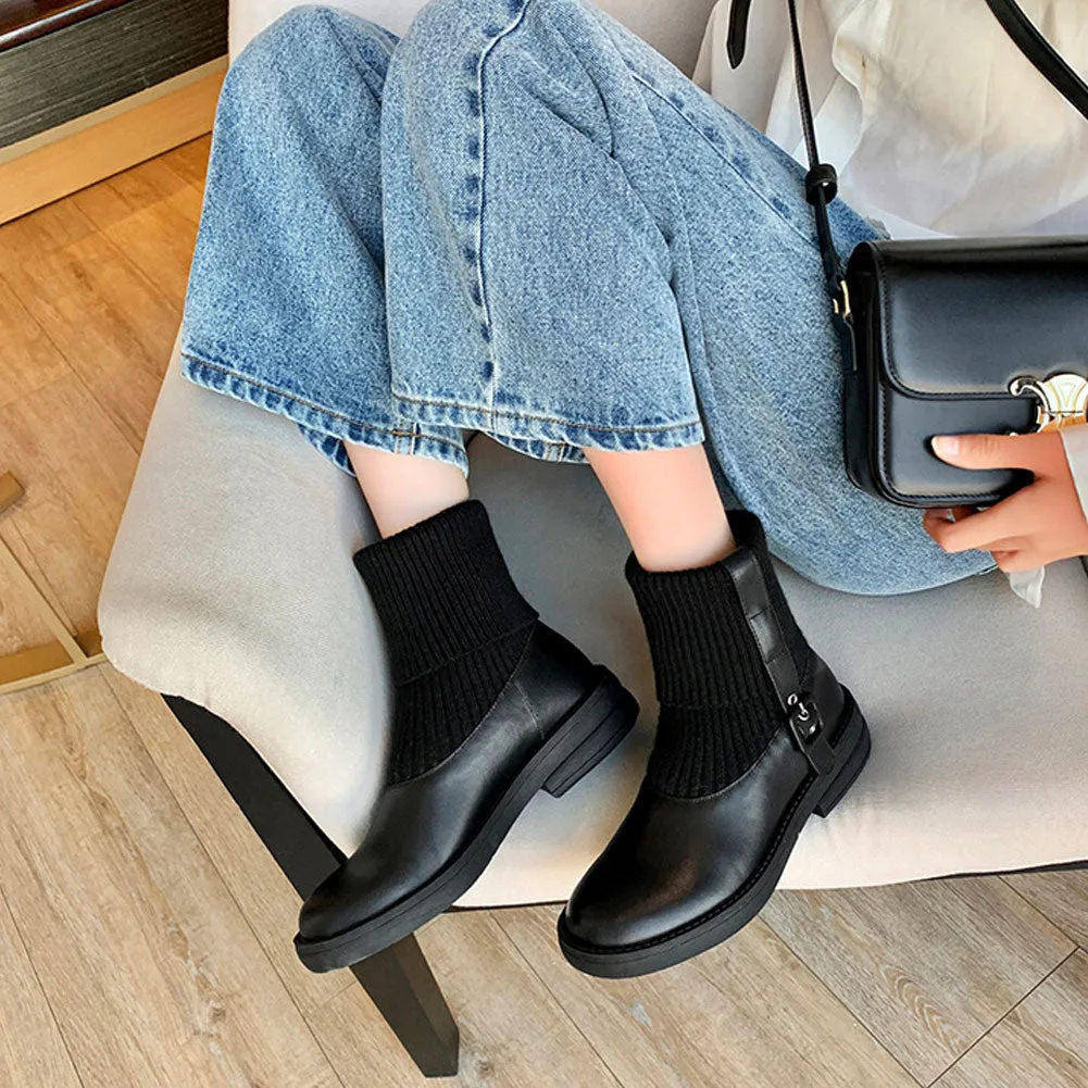 Ladies Round Toe Low Heel Leather Ankle Boots Pull On