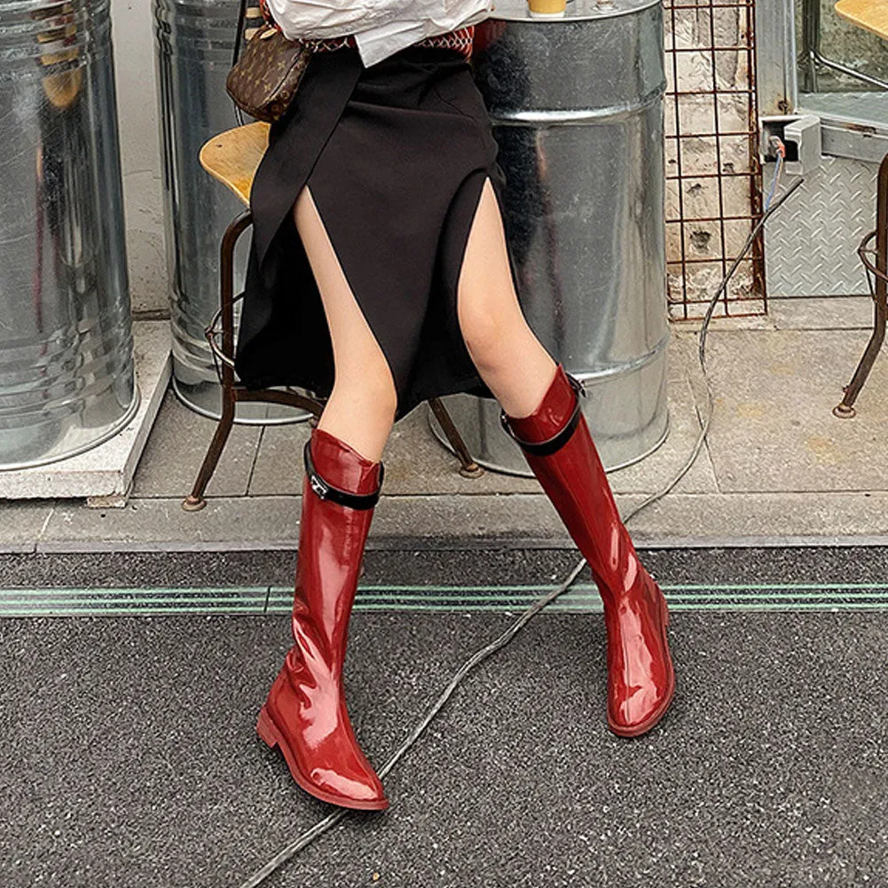 Ladies Round Toe Patent Leather Flat Long Knee High Boots Zip Up