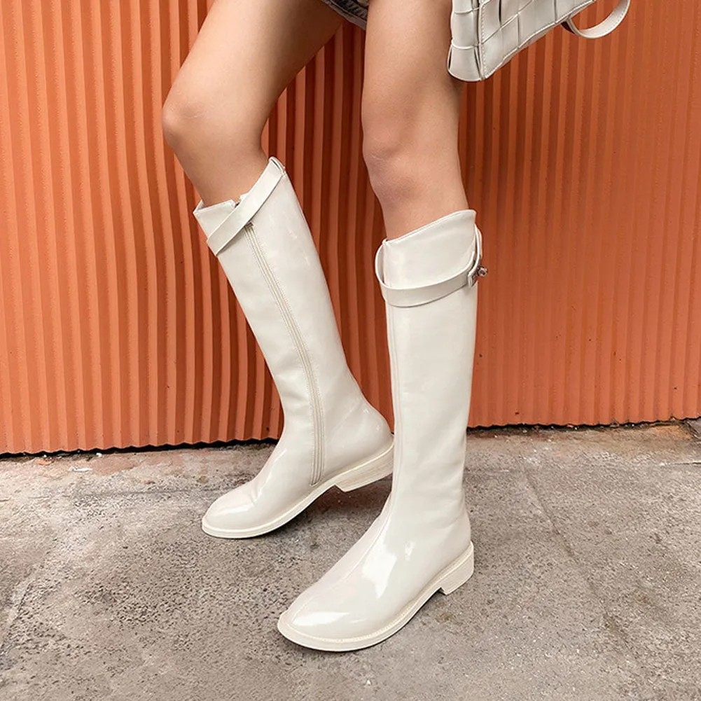Ladies Round Toe Patent Leather Flat Long Knee High Boots Zip Up