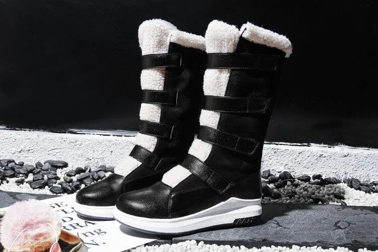 Leather Flat Velcro Round Toe Mid Calf Boots