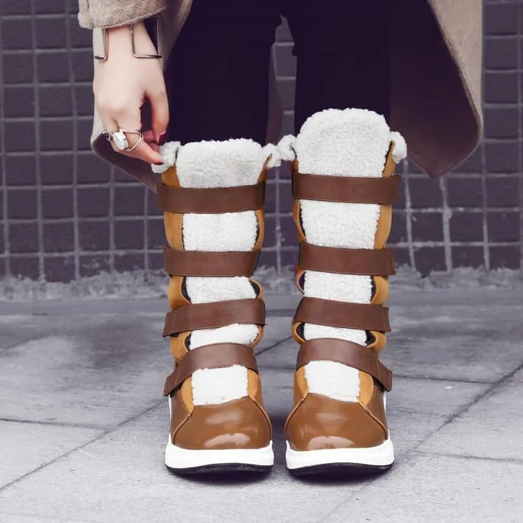 Leather Flat Velcro Round Toe Mid Calf Boots