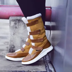 Leather Flat Velcro Round Toe Mid Calf Boots