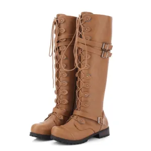 Low Heel Lace Up Flat Zipper Boots
