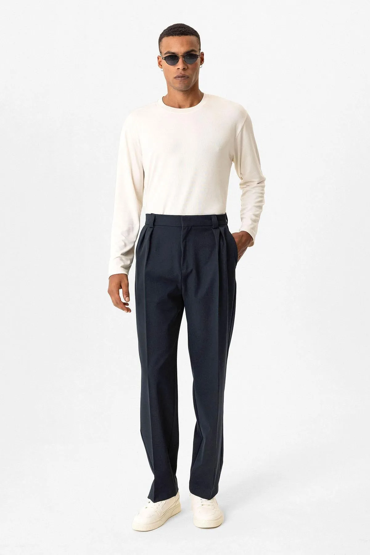 Navy Blue High Waist Pleated Relaxed Fit Baggy Men's Pants - Wessi